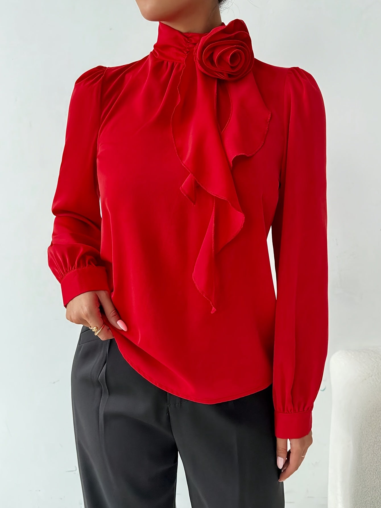 Floral Decor Mock Neck Blouse, Elegant Long Sleeve Blouse for Spring & Fall, Women's Clothing, Plus Size Blouses