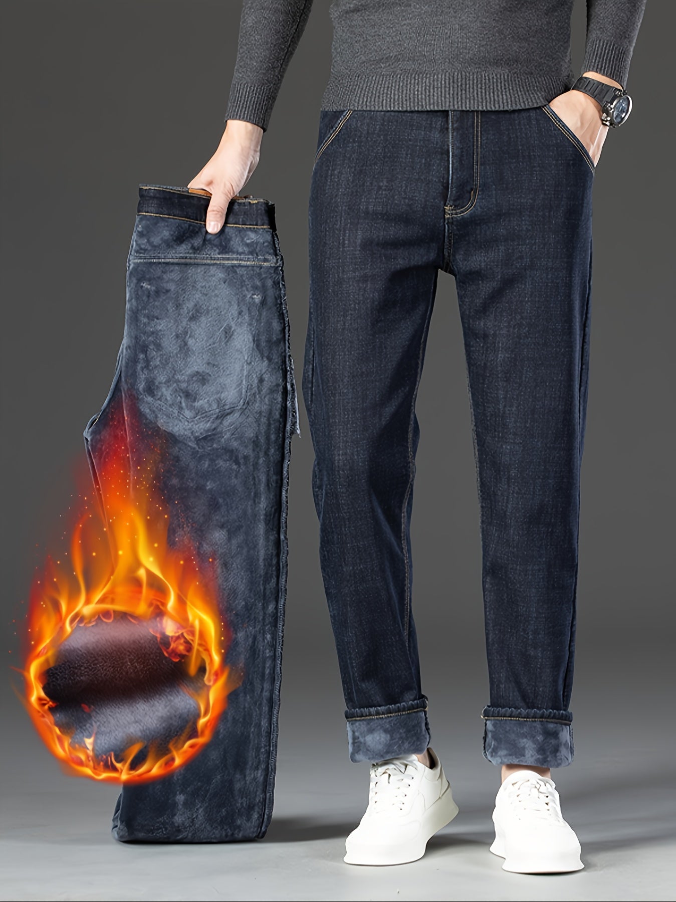 Men's Classic Thickened Denim Straight Leg Fleece Lined Jeans - Warm and Comfortable Winter Pants with Classic Design for Autumn and Winter Season