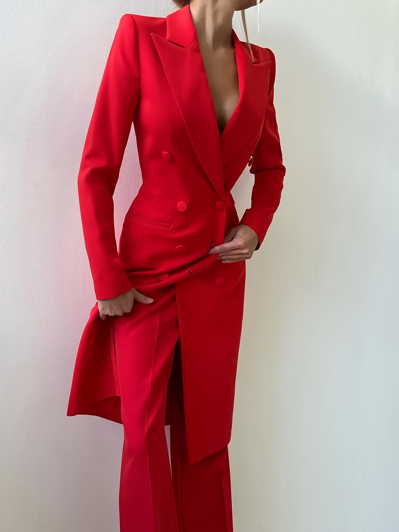 Elegant Red Double-Breasted Mid-Length Polyester Jacket for Women - Chic Lapel, Long Sleeves & Side Pockets, Ideal for Office & Casual Wear, Sophisticated Style