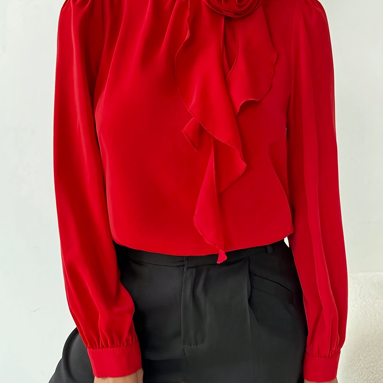 Floral Decor Mock Neck Blouse, Elegant Long Sleeve Blouse for Spring & Fall, Women's Clothing, Plus Size Blouses
