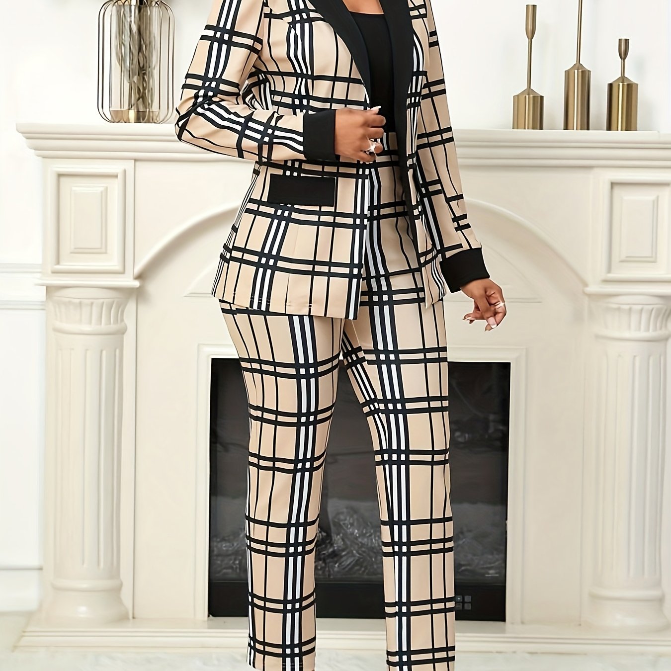 European & American Style Geometric Print Suit Jacket & Trousers Set - Long Sleeve, Patchwork, False Bag Lid, Single Button, Rubber Band Waist