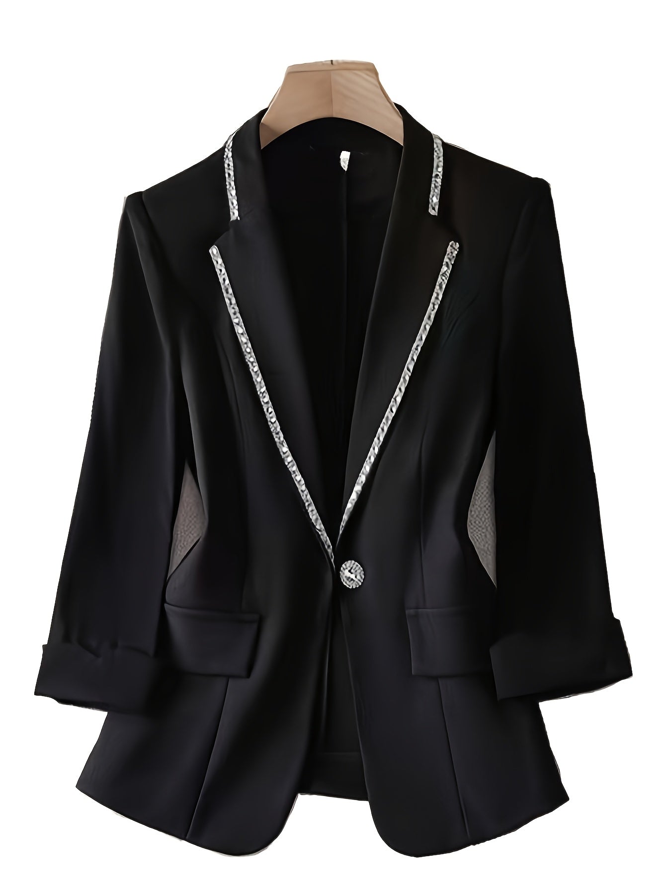 Women'S Elegant Chiffon Blazer with Rhinestone Embellishments, Spring/Summer Three Quarter Sleeve, Polyester 100%, Solid Color, X-Contour, Single Button Placket, Lightweight Knit Fabric, 120g/m² - Fashionable Casual Suit Jac