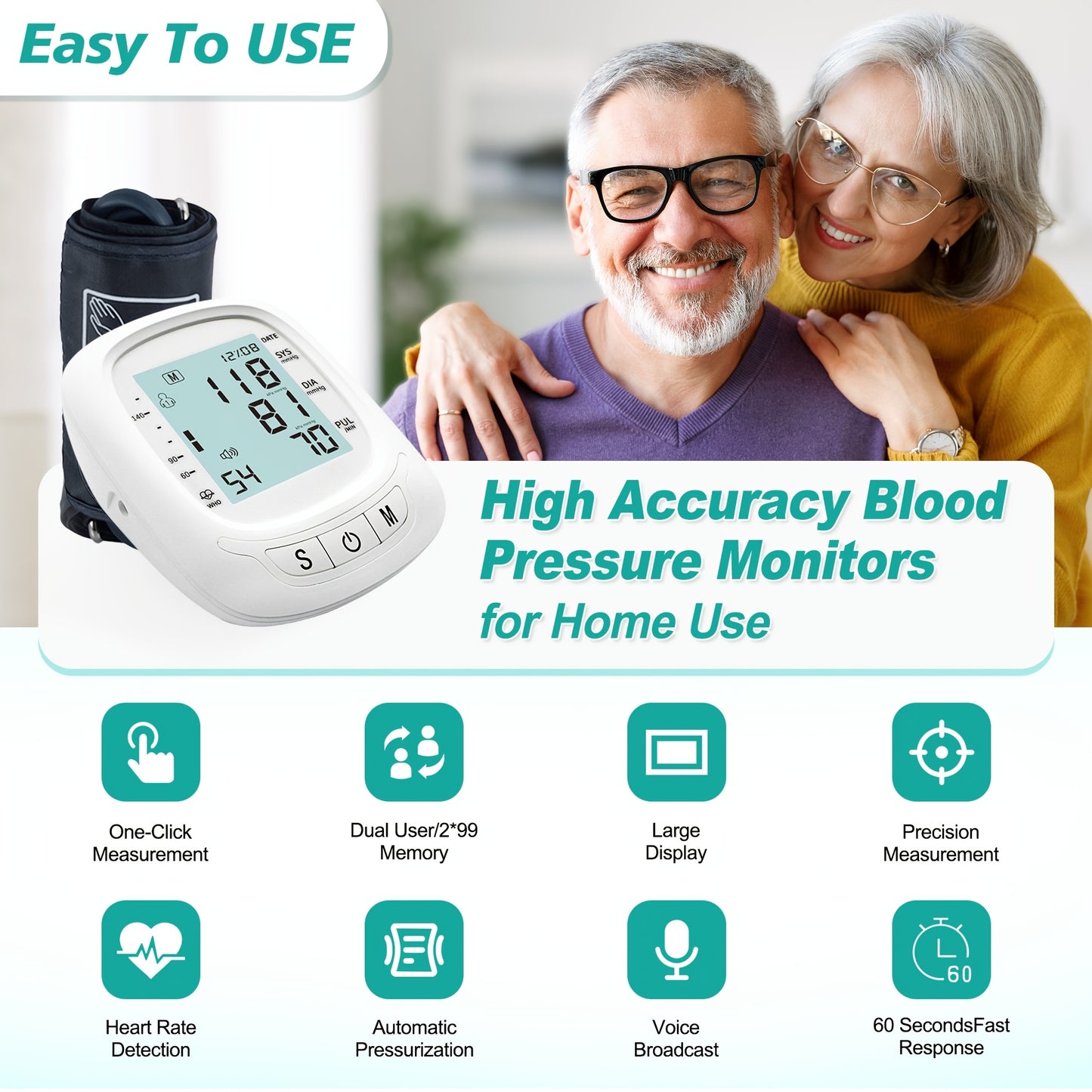 Blood Pressure Machine For Adults, Fully Automatic Blood Pressure Meter, Digital LCD Display, Simple Operation, Cuffs Can Be Adjusted, Suitable For Family High And Low Blood Pressure, Arrhythmia Test, Elderly Health Guards.Ba