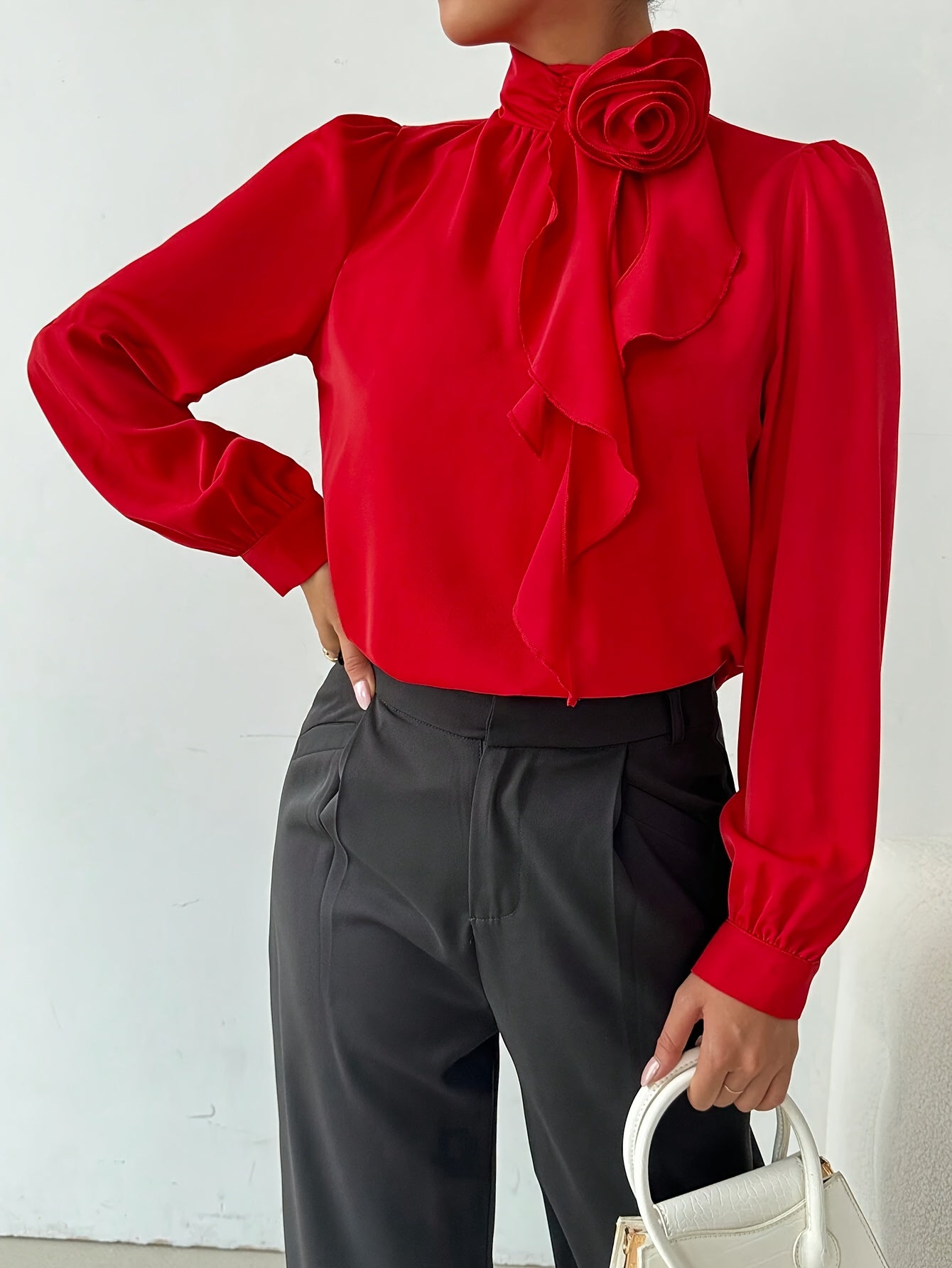 Floral Decor Mock Neck Blouse, Elegant Long Sleeve Blouse for Spring & Fall, Women's Clothing, Plus Size Blouses
