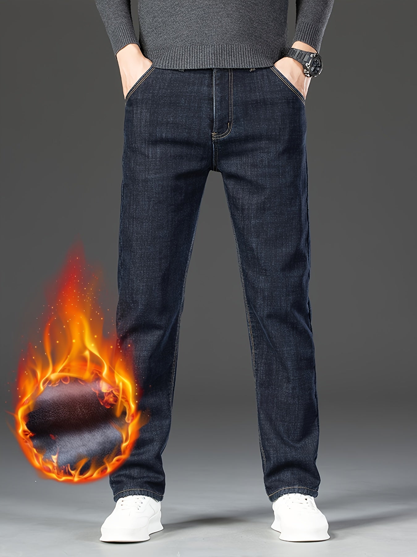 Men's Classic Thickened Denim Straight Leg Fleece Lined Jeans - Warm and Comfortable Winter Pants with Classic Design for Autumn and Winter Season