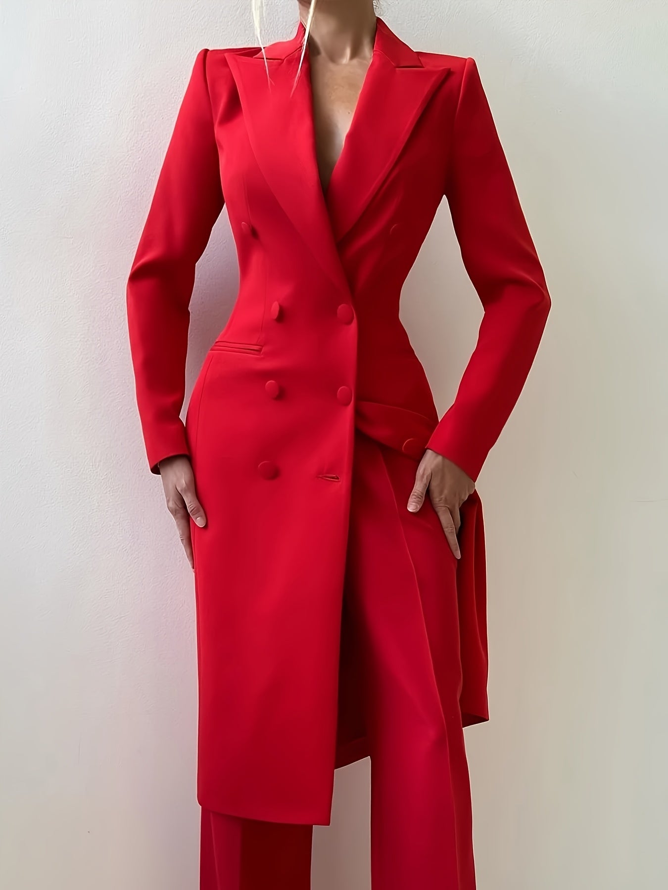 Elegant Red Double-Breasted Mid-Length Polyester Jacket for Women - Chic Lapel, Long Sleeves & Side Pockets, Ideal for Office & Casual Wear, Sophisticated Style