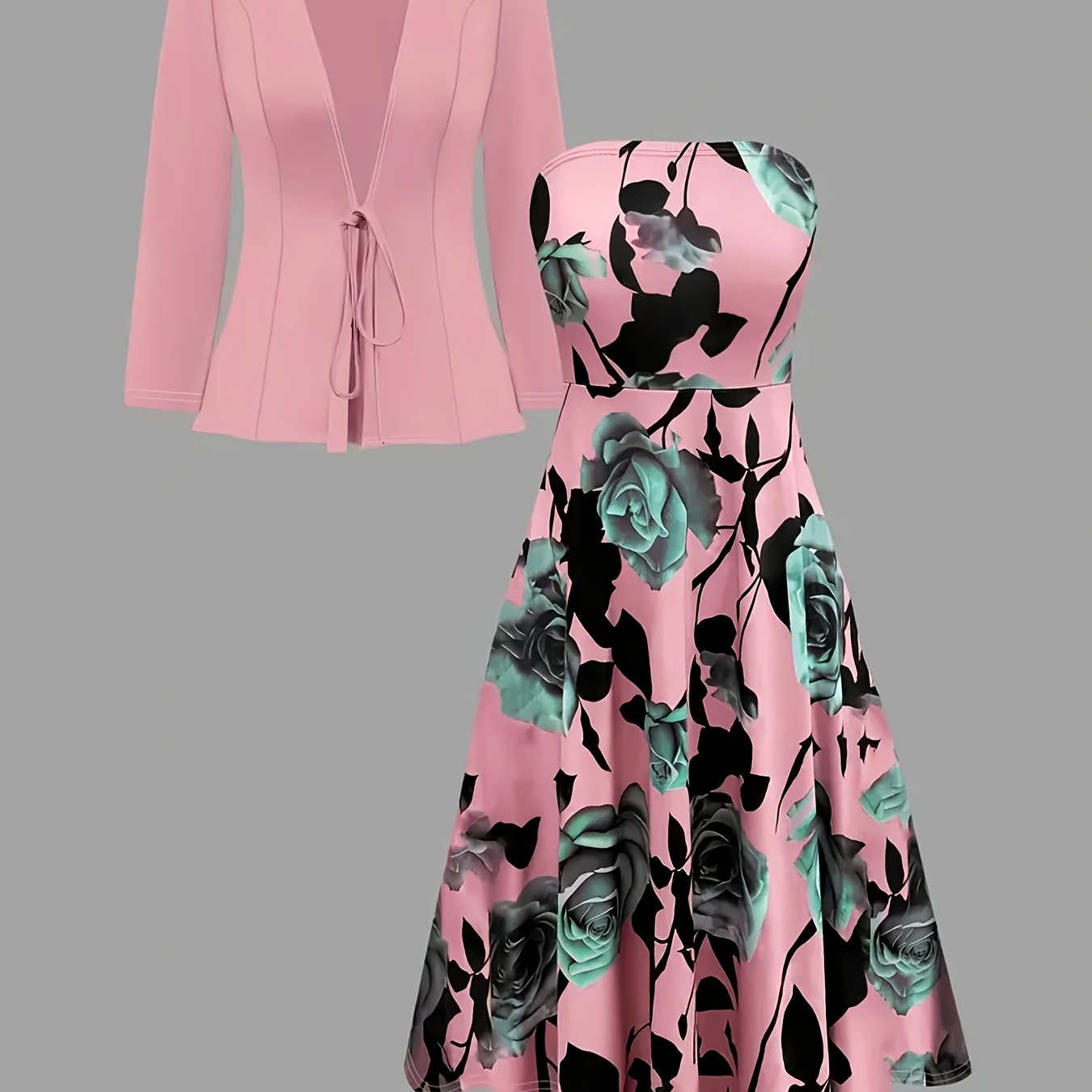 Stylish Women's Elegant Suit, Solid Color Lace-Up Small Cardigan + Rose Flower Dress 2pcs Set