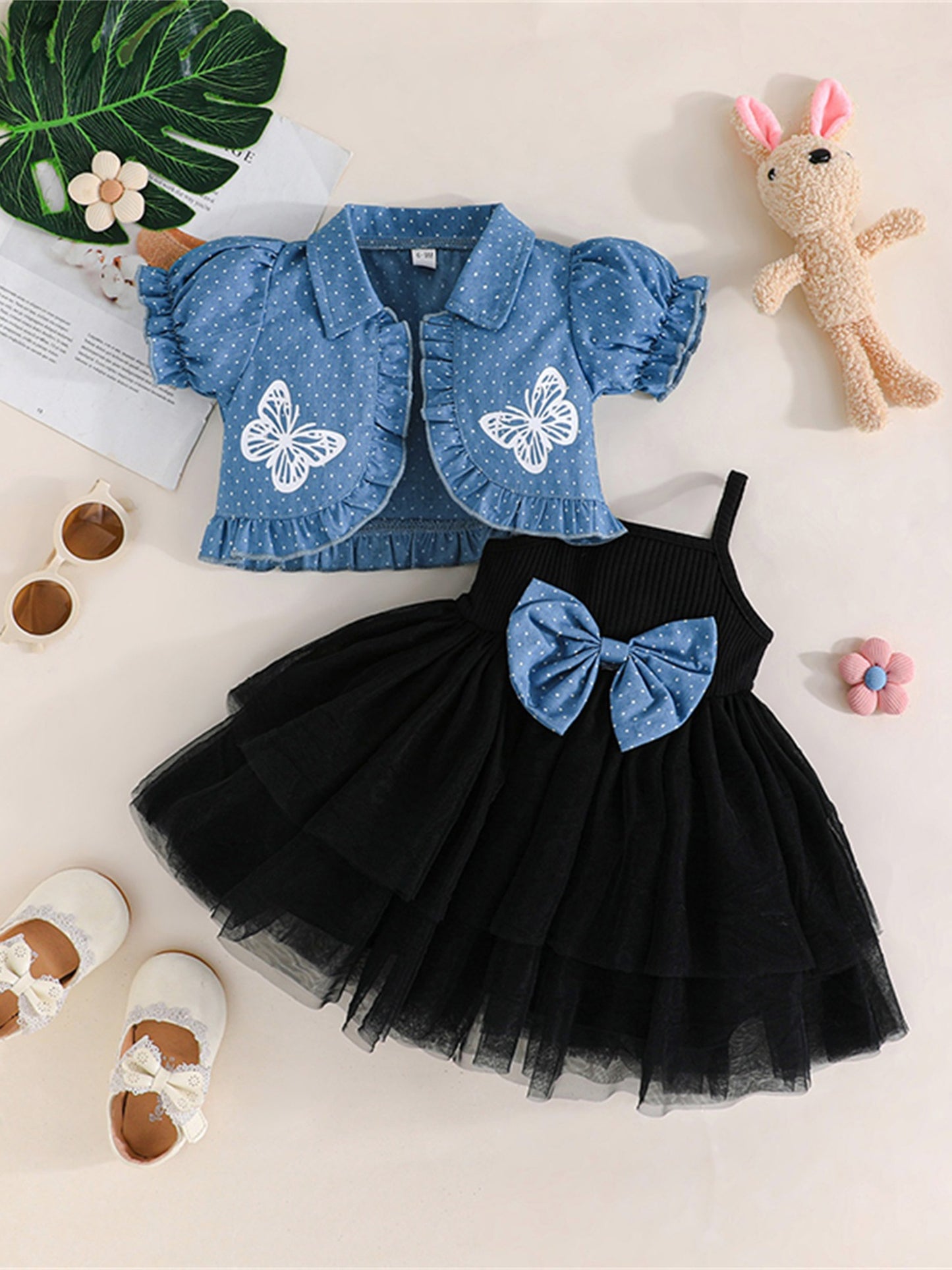 Youngsters Girl Summer Outfits Tulle Spaghetti Strap Bow A Line Dress with Dot Butterfly Print Short Puff Sleeve Cardigan, Perfect for Outdoor