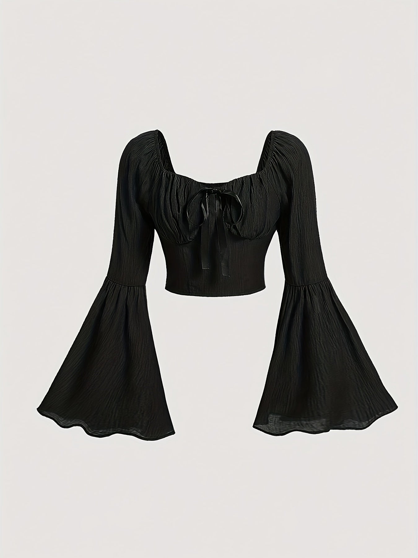 Vibrant Square Neck Ruched Crop Top - Women's Blouses with Long Flare Sleeves, Casual Chic Design for Spring & Fall Seasons, Soft Comfortable Fabric, Easy to Pair with Jeans or Skirts