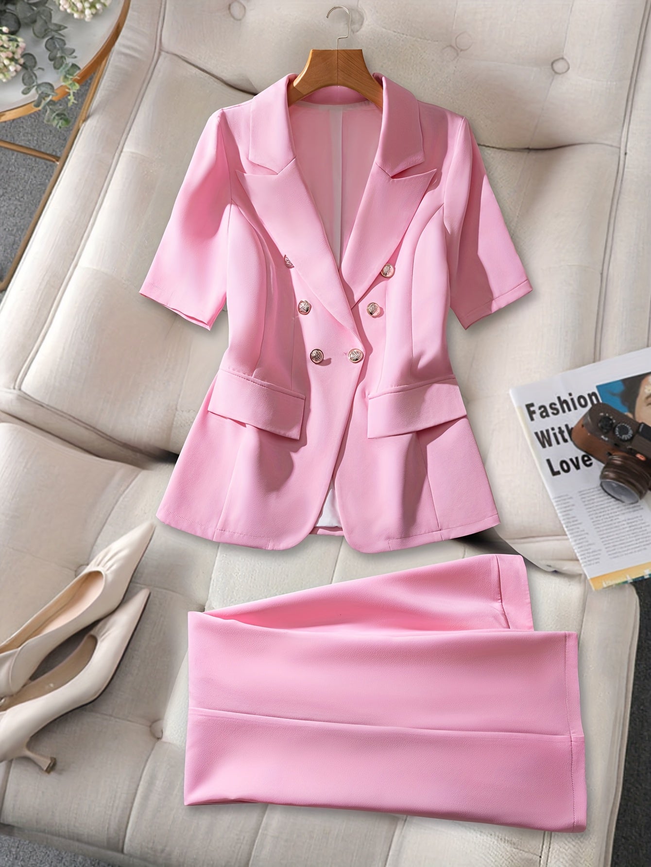 Women'S Pink Short Sleeve Blazer with Metal Buttons, Fake Pockets, and Notched Collar - Stylish Polyester Suit Jacket with Pocket Detail, Perfect for Summer, Summer Workwear | Stylish Blazer | Polyester Blazer