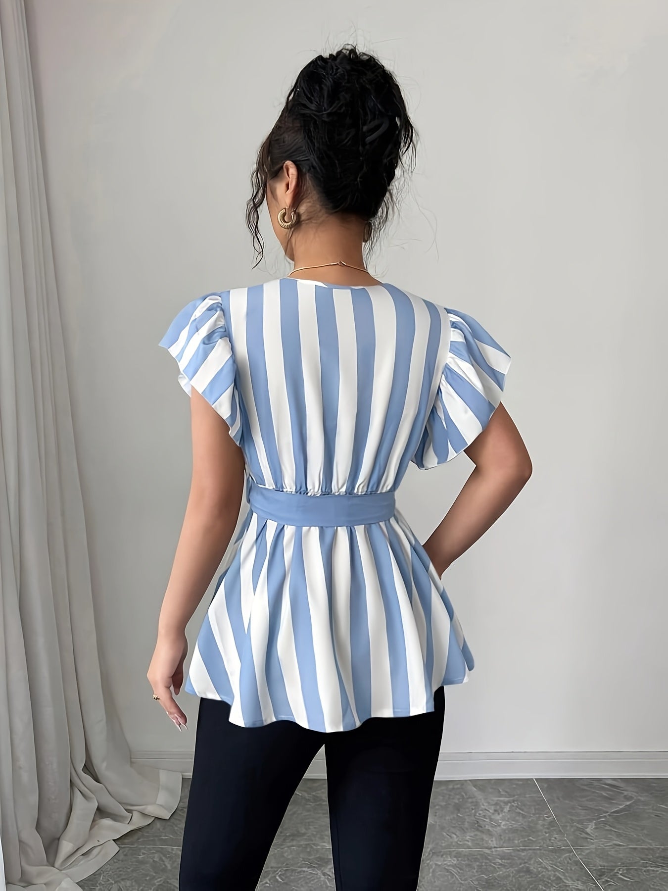 Women's Elegant Striped V-Neck Blouse with Belt - Black & White Vertical Stripes, Ruffled Sleeves, Cinched Waist, Machine Washable Polyester - Spring/Summer Fashion Top, Spring Summer Top | Waist Belted Top | Glossy Texture,