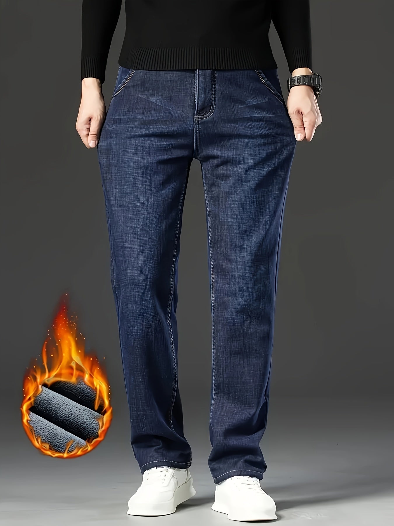 Men's Classic Thickened Denim Straight Leg Fleece Lined Jeans - Warm and Comfortable Winter Pants with Classic Design for Autumn and Winter Season
