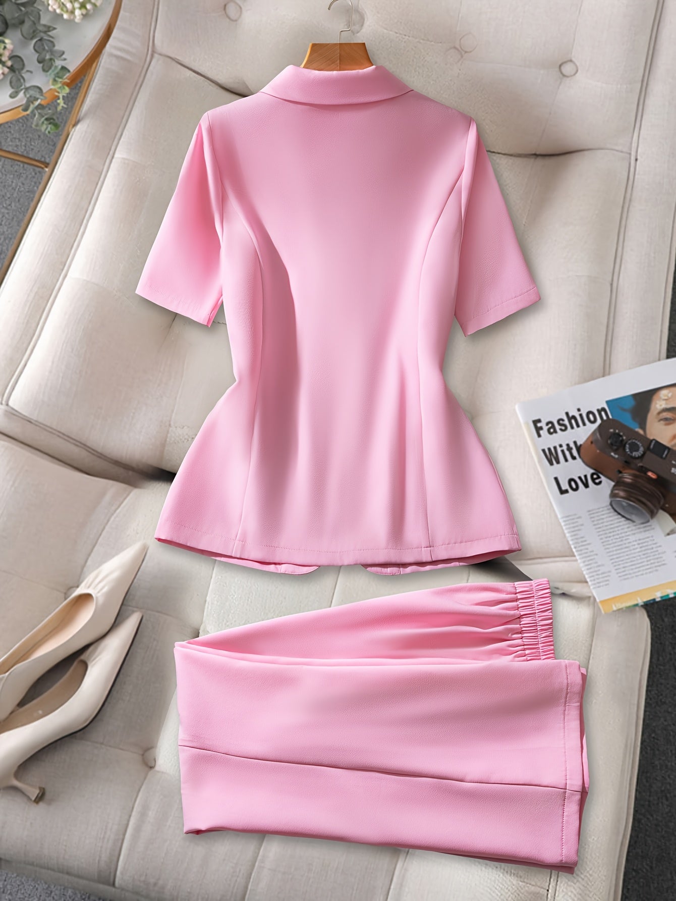 Women'S Pink Short Sleeve Blazer with Metal Buttons, Fake Pockets, and Notched Collar - Stylish Polyester Suit Jacket with Pocket Detail, Perfect for Summer, Summer Workwear | Stylish Blazer | Polyester Blazer