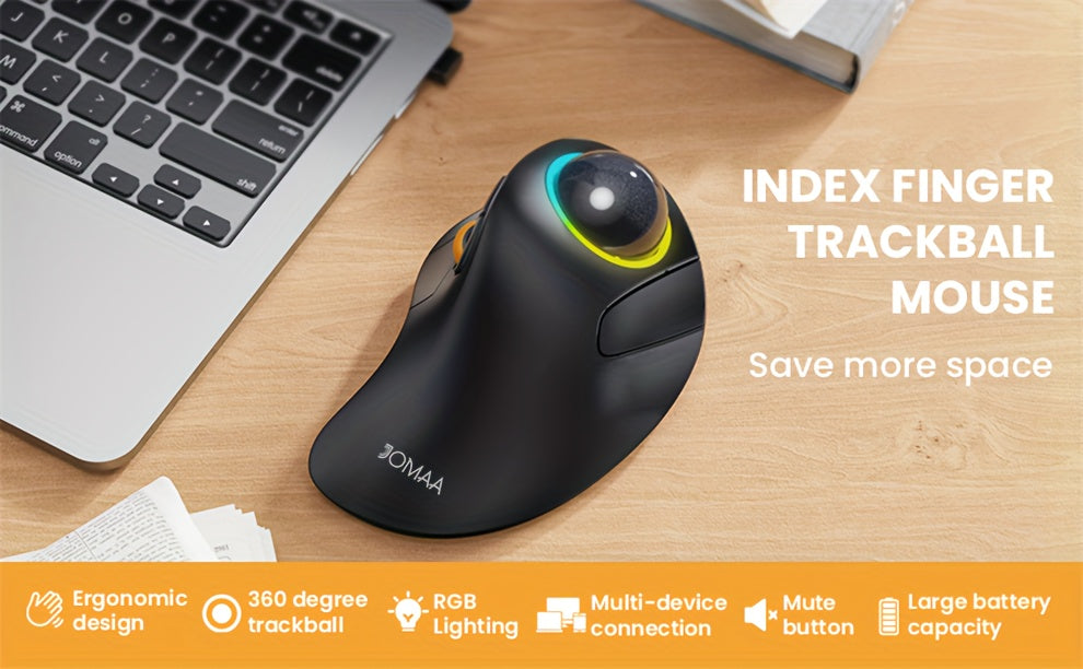 JOMAA EliteTrack - Ergonomic Wireless Rechargeable Trackball Mouse with RGB Lighting, 3-Device Connection, Index Control, and Long-Lasting Battery Life for Comfortable Computer and Laptop Navigation