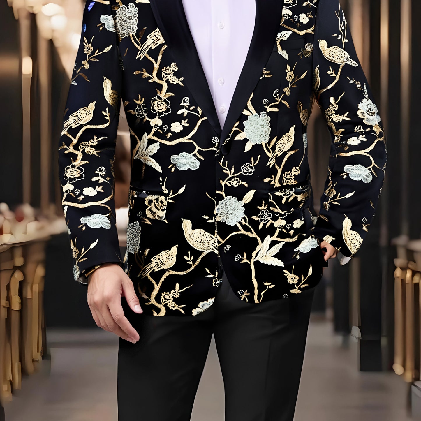 LINEZISEID Men'S Premium Suit Jackets & Blazers Floral Design Single-Breasted Tuxedo Regular Fit Casual Wedding Blazer (Includes Bow Tie, Color Random)