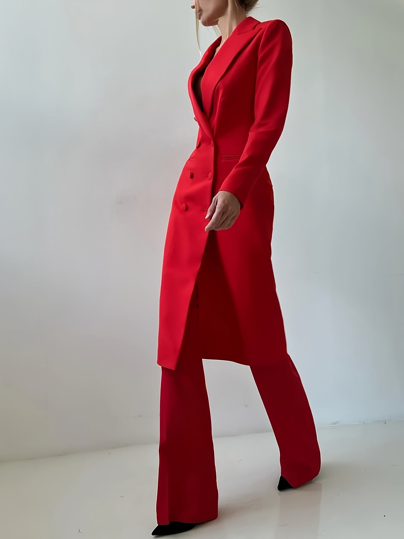 Elegant Red Double-Breasted Mid-Length Polyester Jacket for Women - Chic Lapel, Long Sleeves & Side Pockets, Ideal for Office & Casual Wear, Sophisticated Style