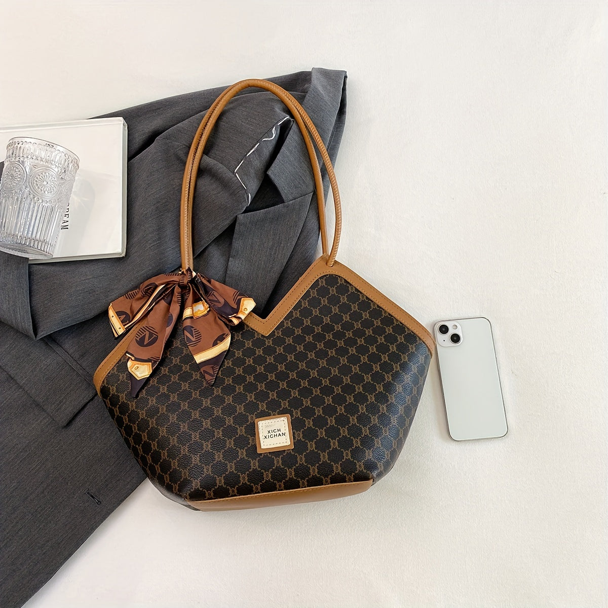 LABOONOO Women'S Extra Large Tote Bag - Stylish Shoulder Handbag with Ribbon Bow, Black & Brown Pattern, Zipper Closure, Perfect for Everyday Use, Ladies Handbags