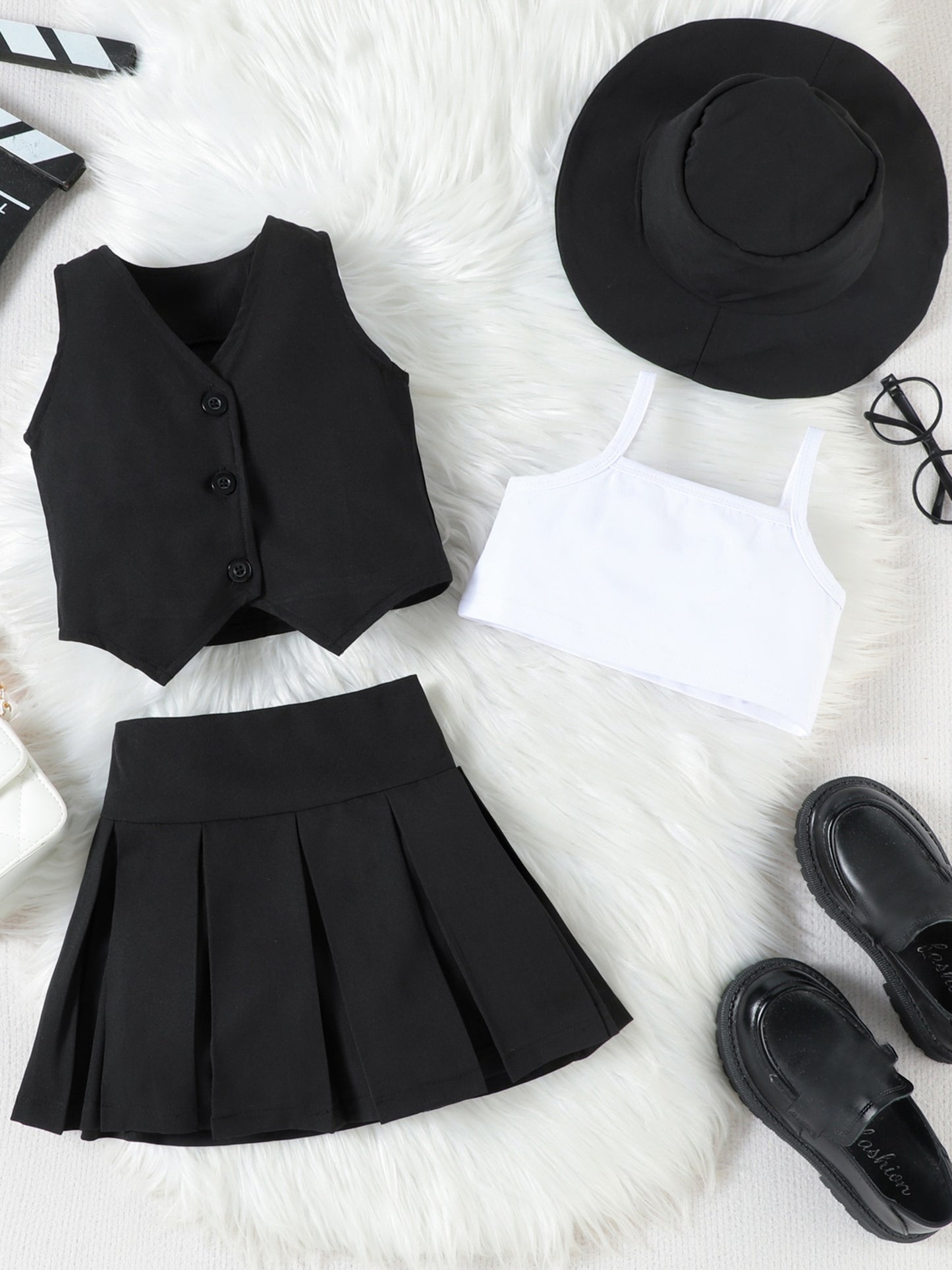 Girl Summer Set V-Neck Sleeveless Button-up Vest Cami Pleated Skirt Hat 4pcs Outfits, for Outdoor