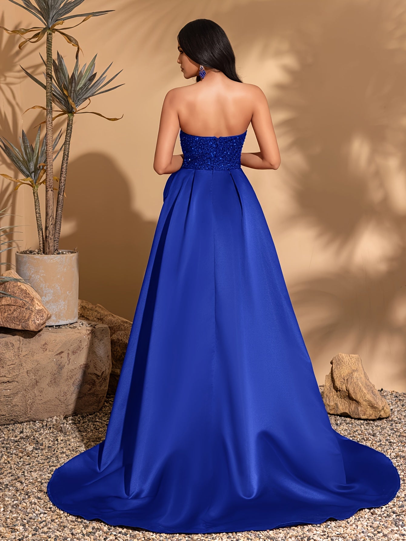 Royal Blue Sequin-Embellished Strapless Wedding Dress with Bow Detail - Mermaid Silhouette Formal Evening Gown for Women, Hand Wash Only, Elegant Party Gown | Sophisticated Style | Ruffled Cape Design, Formal Dresses