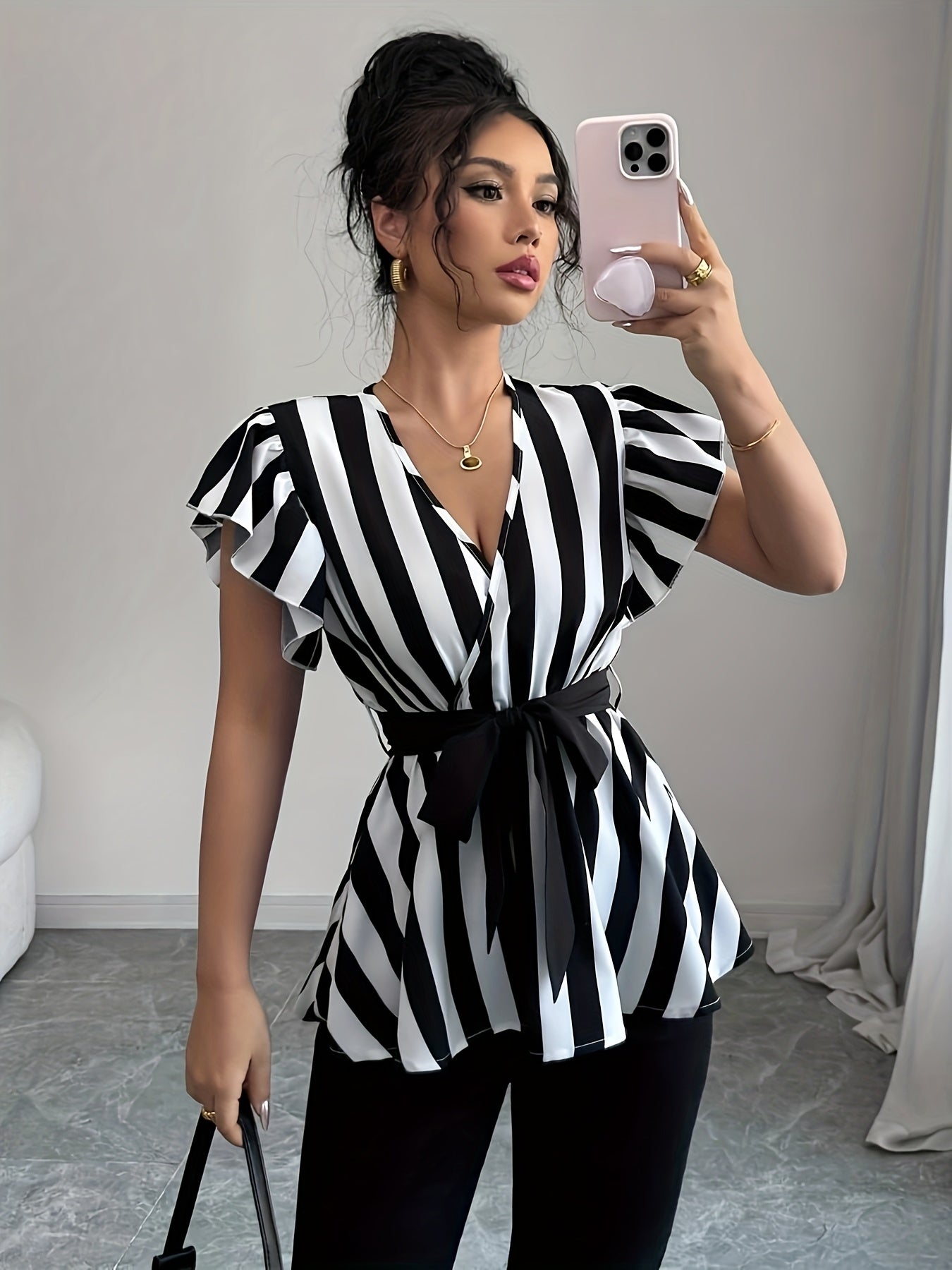Women's Elegant Striped V-Neck Blouse with Belt - Black & White Vertical Stripes, Ruffled Sleeves, Cinched Waist, Machine Washable Polyester - Spring/Summer Fashion Top, Spring Summer Top | Waist Belted Top | Glossy Texture,