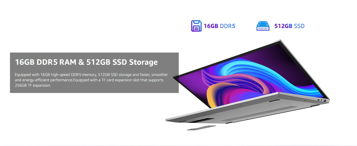 Laptop 16 Inch, 16GB DDR5 512GB SSD, Quad Core N100 CPU, FHD IPS 1200P Display, Notebook Computers with Cooling System, 38WH Battery, 2.4G+5G WiFi.