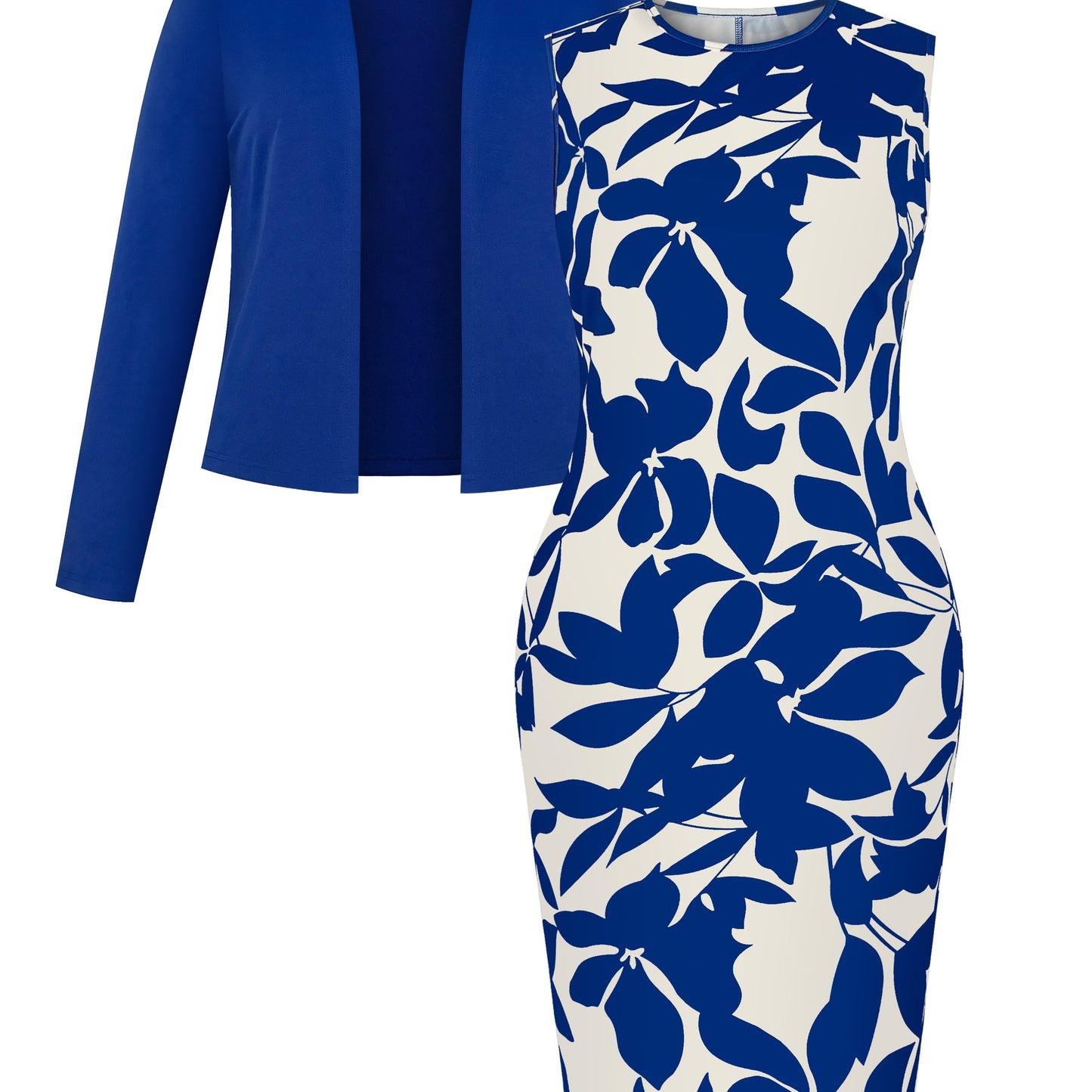 Stylish Plus Size Co-ord Set - Elegant Crew Neck Floral Print Dress and Blue Jacket - High Stretch Knit Fabric, Polyester and Elastane Blend, Comfortable and Versatile Suit Jacket Dress Set for Plus Size Women