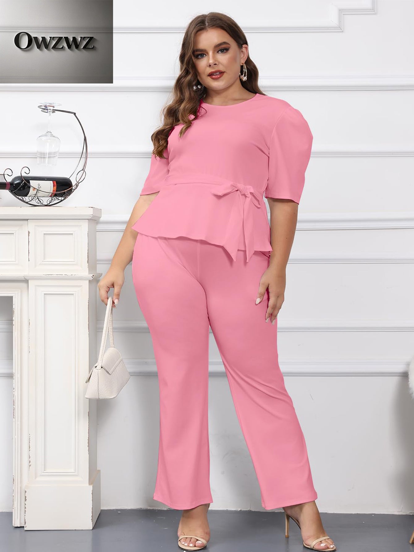 Plus Size 2pcs Outfits for Women Blazer Top Long Sleeve Long Pants Sets Formal Evening Ruffles Slim Fit Blazer Top And Long Pants Set Casual Elegant Business Suit with Belt