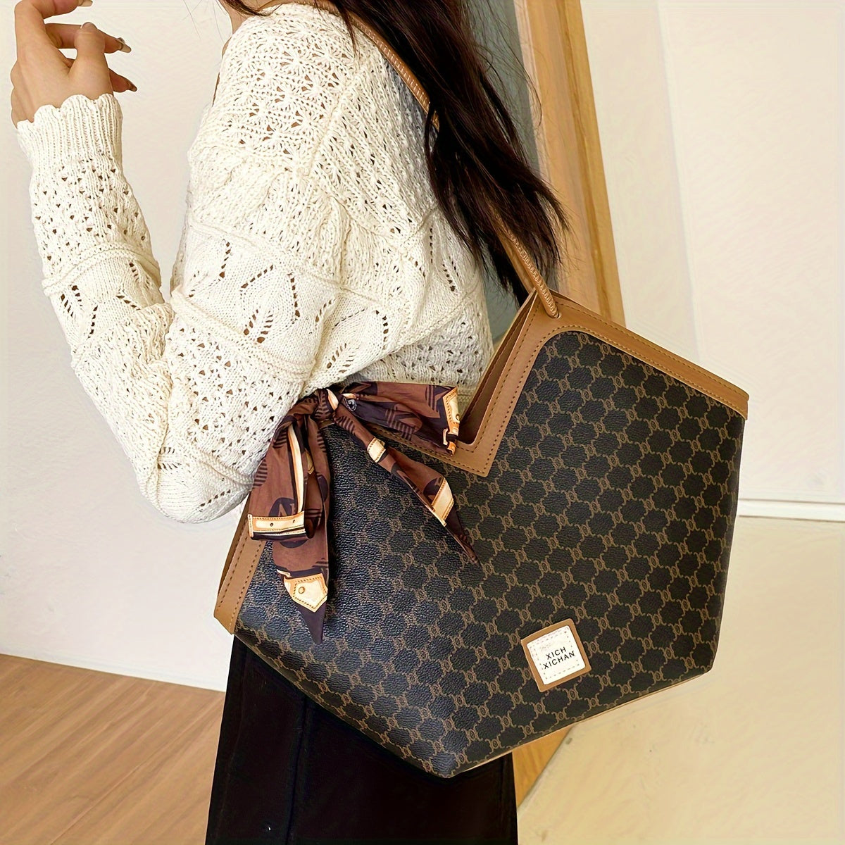 LABOONOO Women'S Extra Large Tote Bag - Stylish Shoulder Handbag with Ribbon Bow, Black & Brown Pattern, Zipper Closure, Perfect for Everyday Use, Ladies Handbags