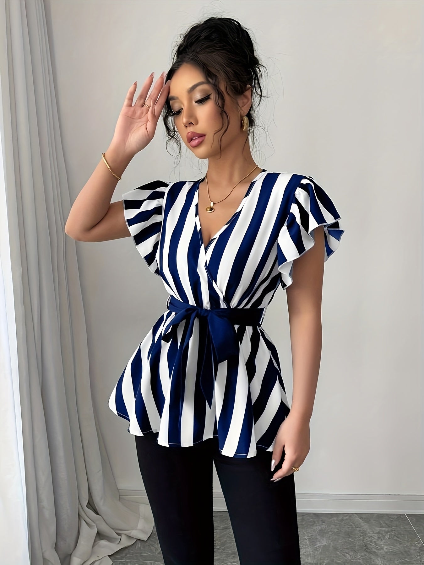 Women's Elegant Striped V-Neck Blouse with Belt - Black & White Vertical Stripes, Ruffled Sleeves, Cinched Waist, Machine Washable Polyester - Spring/Summer Fashion Top, Spring Summer Top | Waist Belted Top | Glossy Texture,