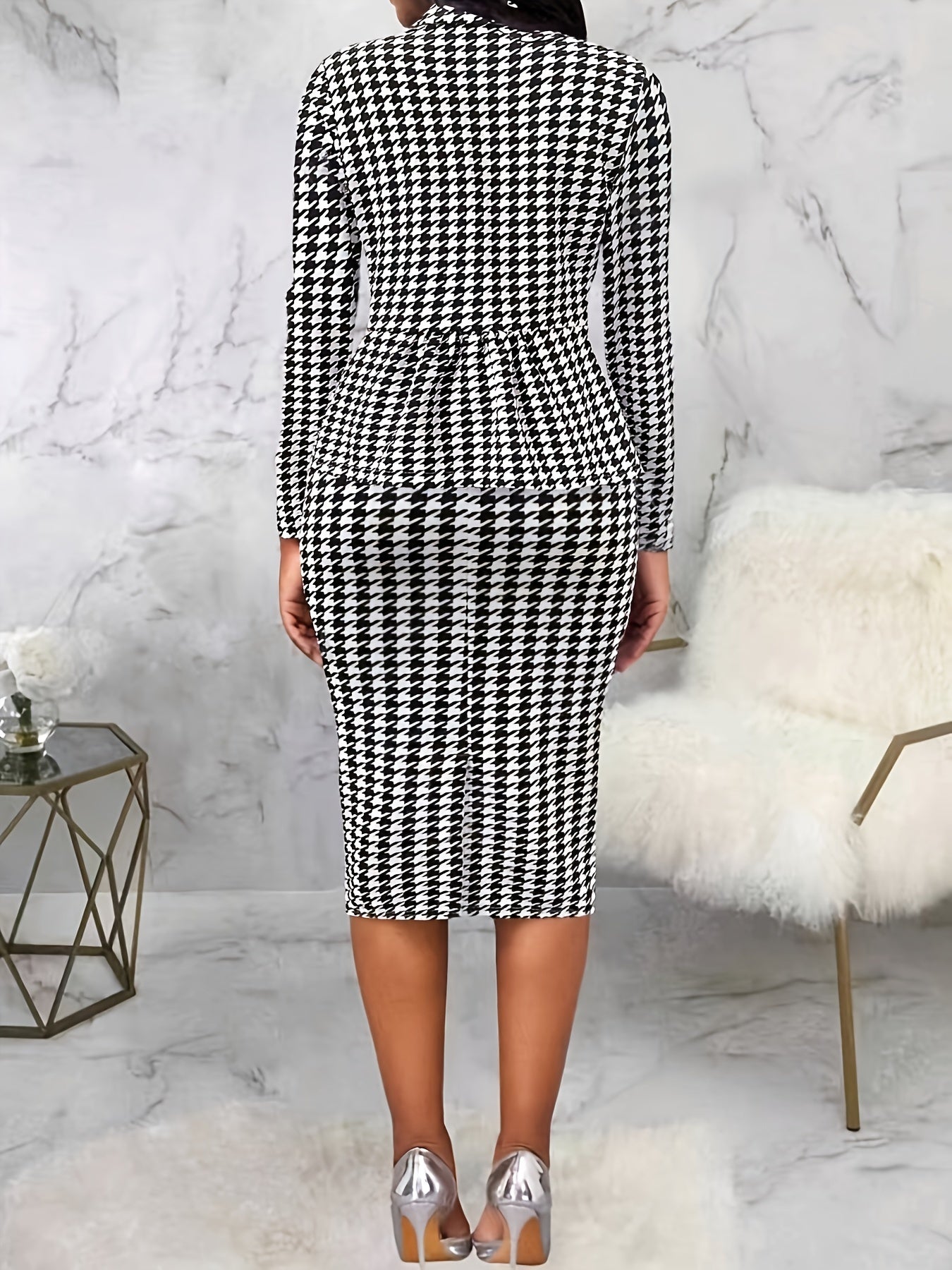 Elegant Houndstooth Print Two-Piece Set for Women - Chic Blazer & Bodycon Skirt Combo, Stretchy Polyester Blend, Non-Sheer, Button-Up Lapel Collar Jacket with Pockets - Perfect for Work, Office, or Casual Wear - Ideal Gift fo