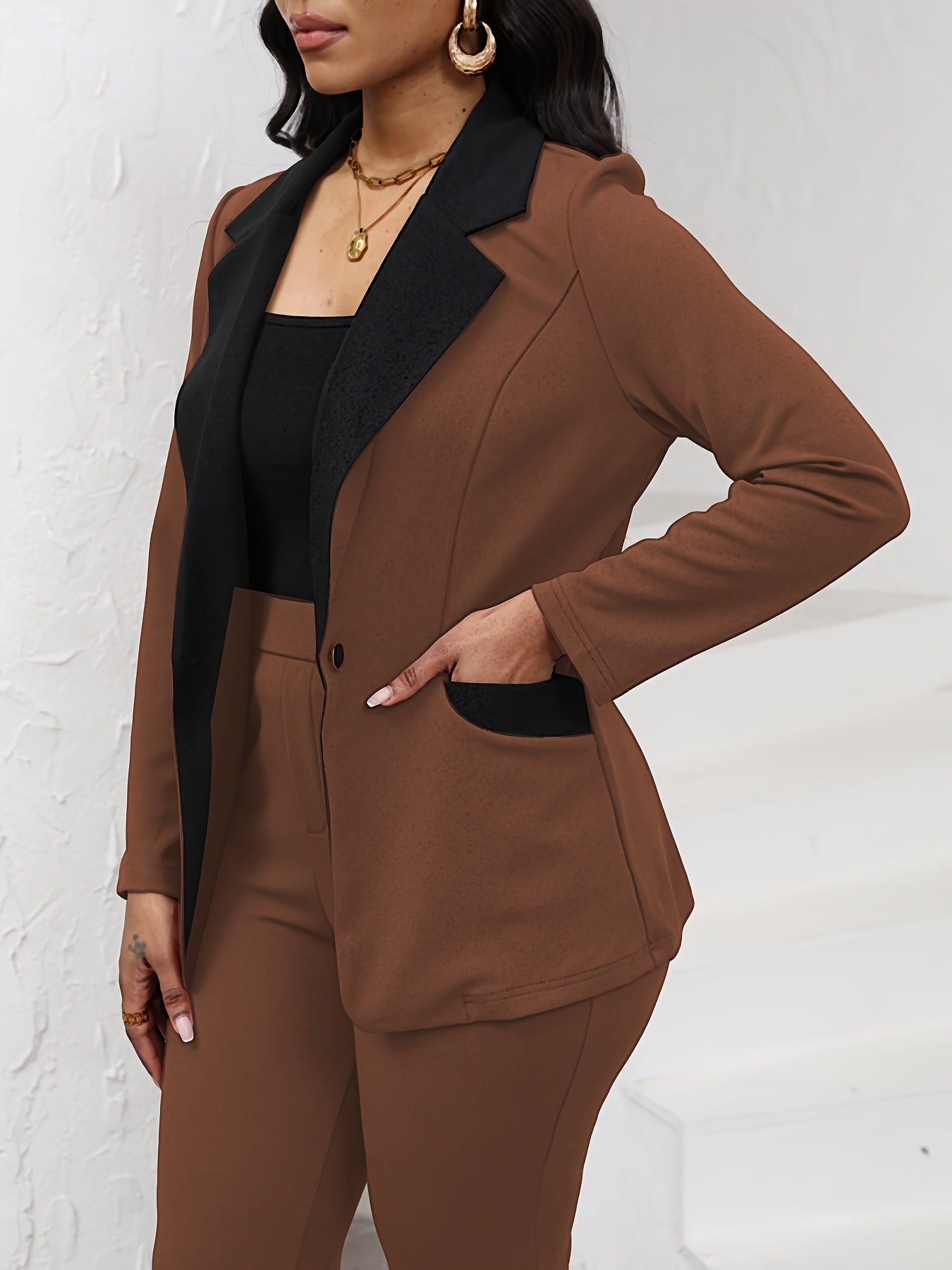 Elegant Women's 2pcs Suit Set - Chic Navy Blue Color Block Blazer with Lapel Collar & Slim-Fit Pants, Professional & Stylish, Long Sleeve, Polyester Blend, Machine Washable - Perfect for Work & Formal Occasions