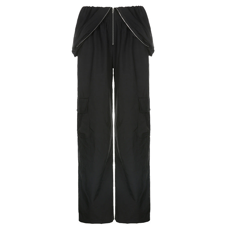 Solid Color High-waisted Zipper V Loose Straight Pocket Cargo Pants Women
