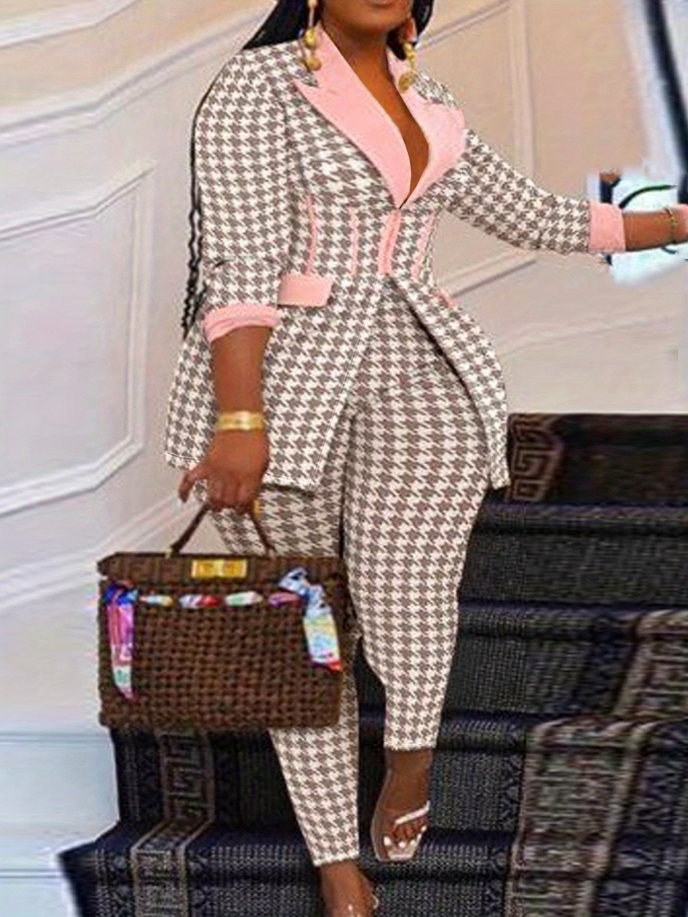 Women's Two-piece Suit, Thousand-bird Print Women's Suit, Cut Collar Design with Pockets, Suitable for Office Commuting OL Or Casual Wear, Using Elastic Polyester Material, Women's Clothing