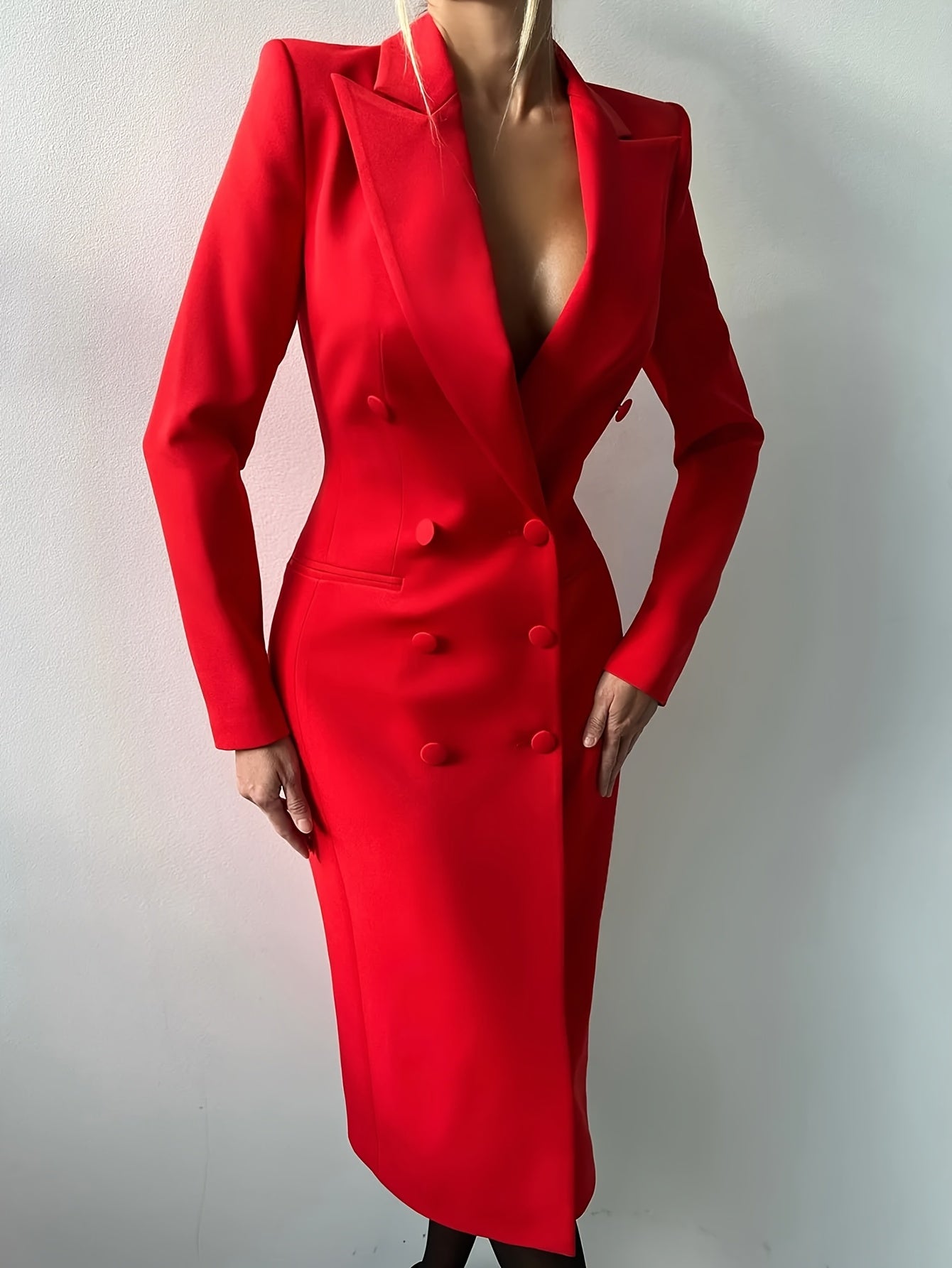 Elegant Red Double-Breasted Mid-Length Polyester Jacket for Women - Chic Lapel, Long Sleeves & Side Pockets, Ideal for Office & Casual Wear, Sophisticated Style
