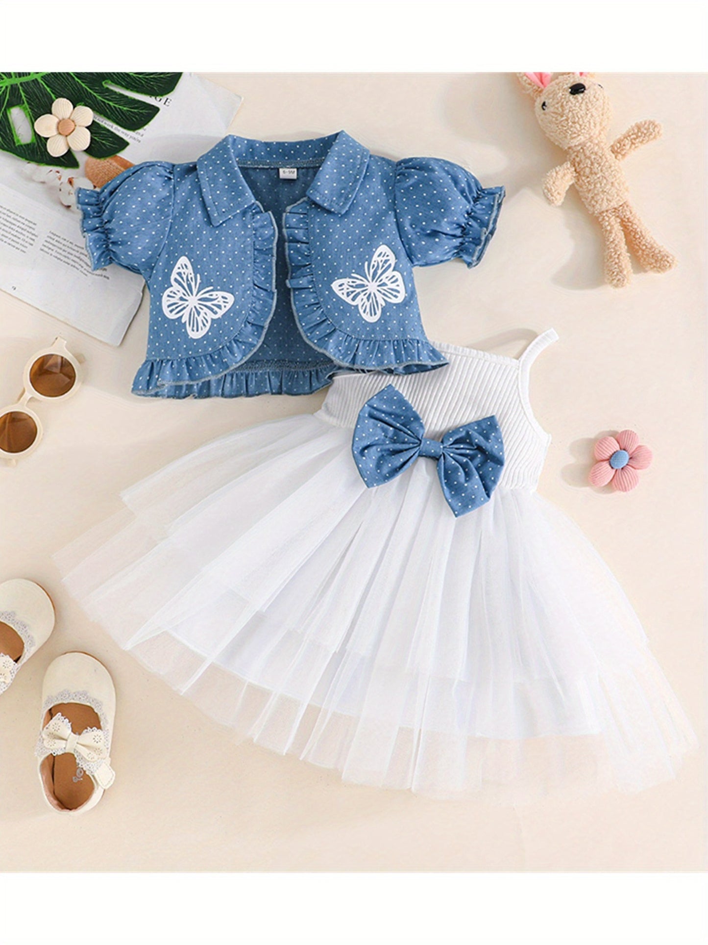 Youngsters Girl Summer Outfits Tulle Spaghetti Strap Bow A Line Dress with Dot Butterfly Print Short Puff Sleeve Cardigan, Perfect for Outdoor