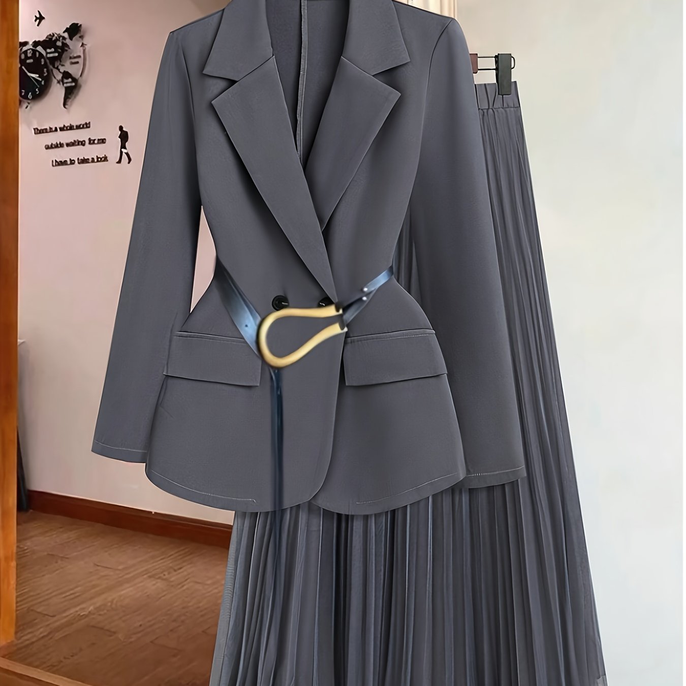 Women's Elegant Solid Color Double-Breasted Suit Jacket with Mesh Pleated Skirt Set, Spring/Summer Belt Not Included