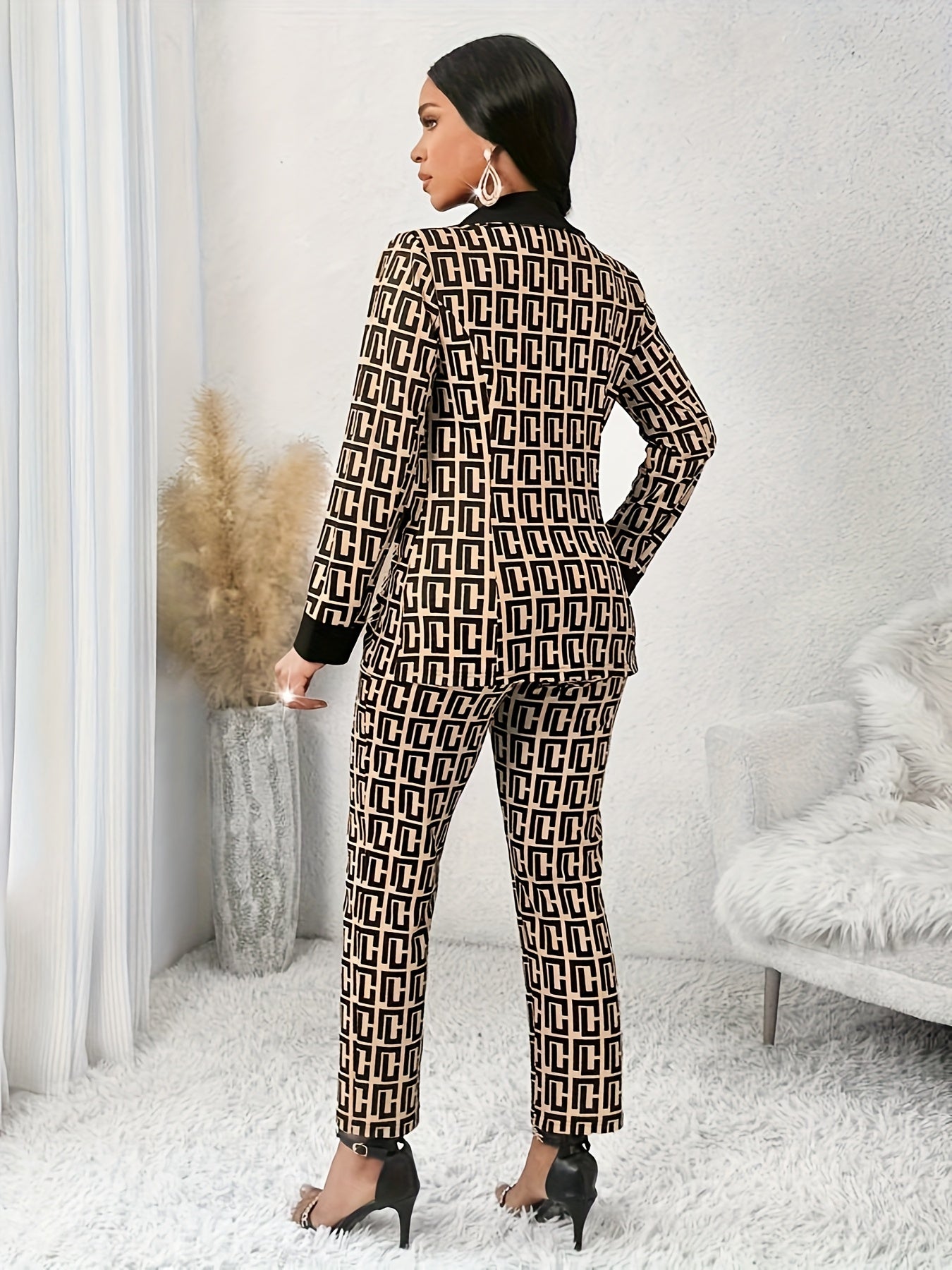 European & American Style Geometric Print Suit Jacket & Trousers Set - Long Sleeve, Patchwork, False Bag Lid, Single Button, Rubber Band Waist