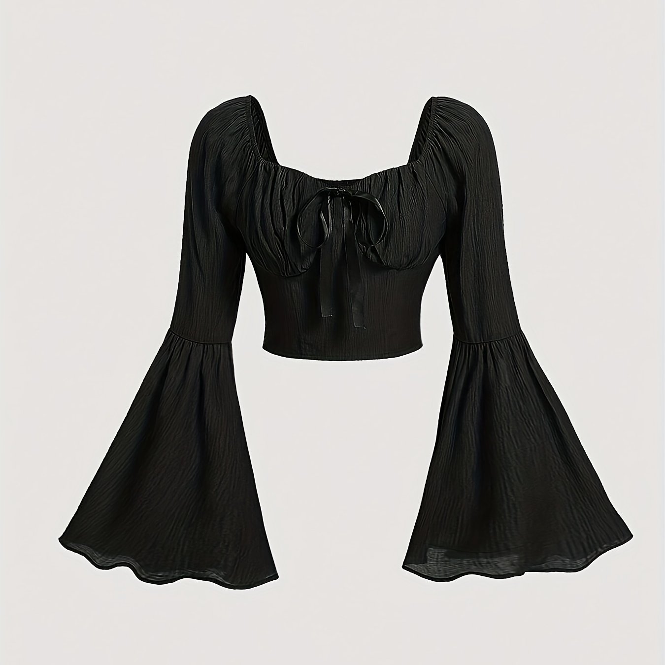 Vibrant Square Neck Ruched Crop Top - Women's Blouses with Long Flare Sleeves, Casual Chic Design for Spring & Fall Seasons, Soft Comfortable Fabric, Easy to Pair with Jeans or Skirts