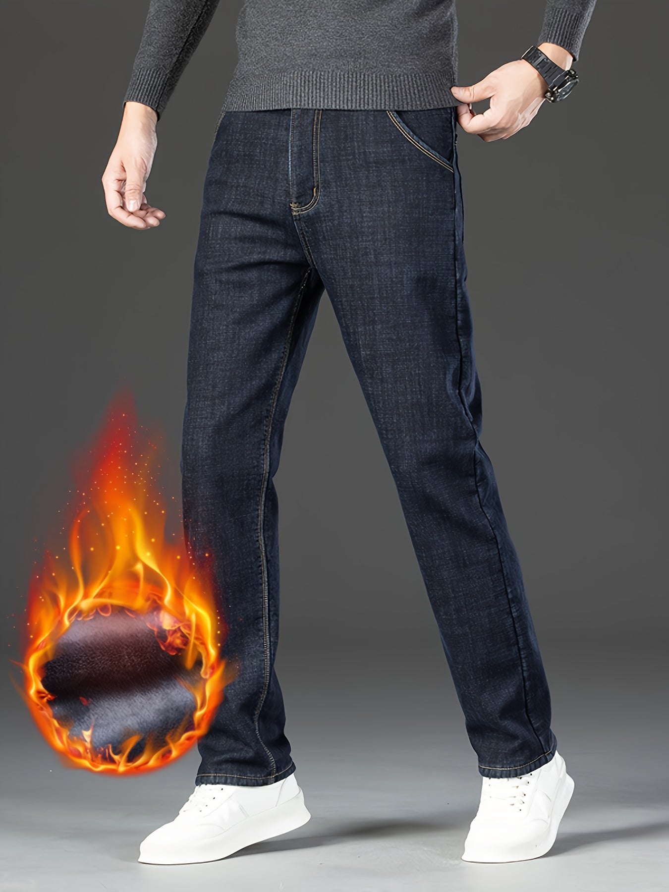 Men's Classic Thickened Denim Straight Leg Fleece Lined Jeans - Warm and Comfortable Winter Pants with Classic Design for Autumn and Winter Season