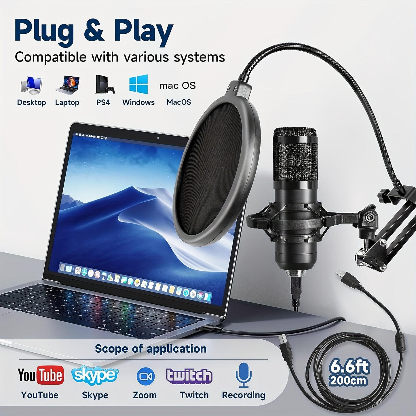192kHz/24Bit Professional USB Microphone, Plug & Play PC Computer Condenser Cardioid Mic Kit with Sound Advanced Chipset for Streaming, Podcast, Studio Recording and Games
