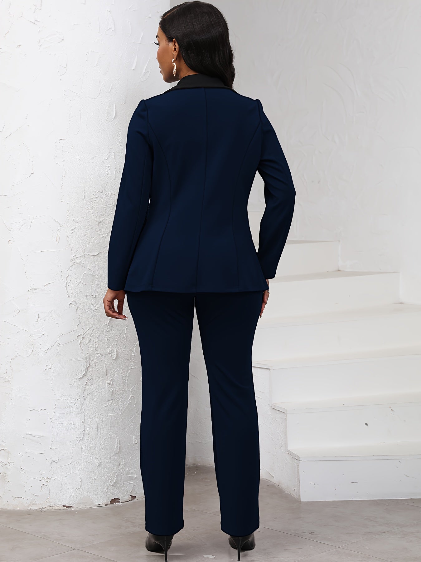 Elegant Women's 2pcs Suit Set - Chic Navy Blue Color Block Blazer with Lapel Collar & Slim-Fit Pants, Professional & Stylish, Long Sleeve, Polyester Blend, Machine Washable - Perfect for Work & Formal Occasions