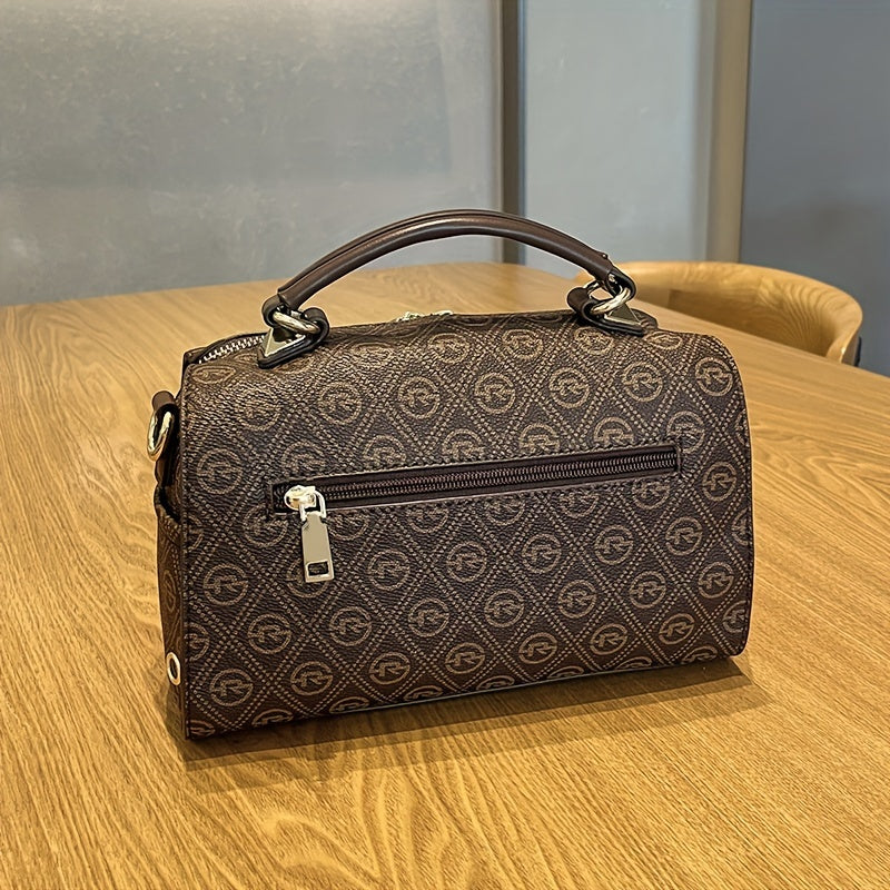 Luxury Letter Print Handbag For Women, Fashion Boston Crossbody Bag, Classic Cylinder Shoulder Bag Purse