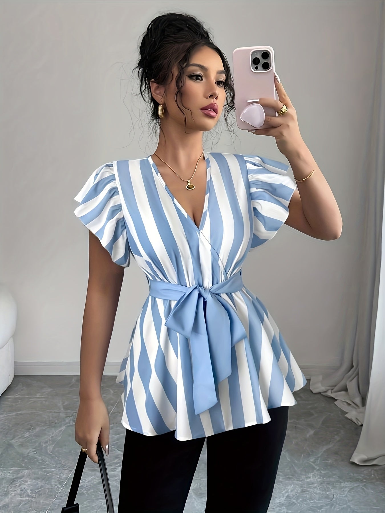 Women's Elegant Striped V-Neck Blouse with Belt - Black & White Vertical Stripes, Ruffled Sleeves, Cinched Waist, Machine Washable Polyester - Spring/Summer Fashion Top, Spring Summer Top | Waist Belted Top | Glossy Texture,