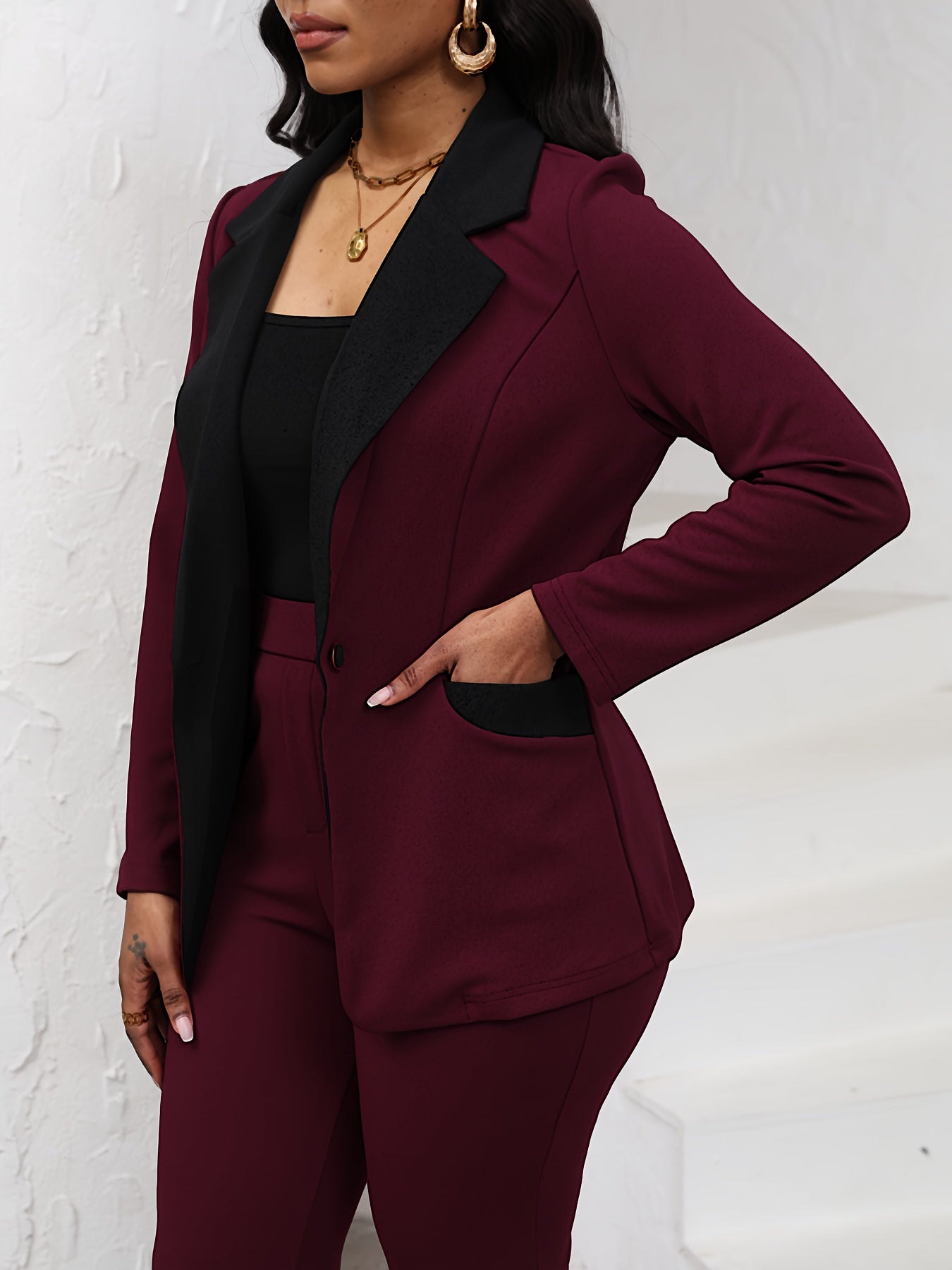 Elegant Women's 2pcs Suit Set - Chic Navy Blue Color Block Blazer with Lapel Collar & Slim-Fit Pants, Professional & Stylish, Long Sleeve, Polyester Blend, Machine Washable - Perfect for Work & Formal Occasions