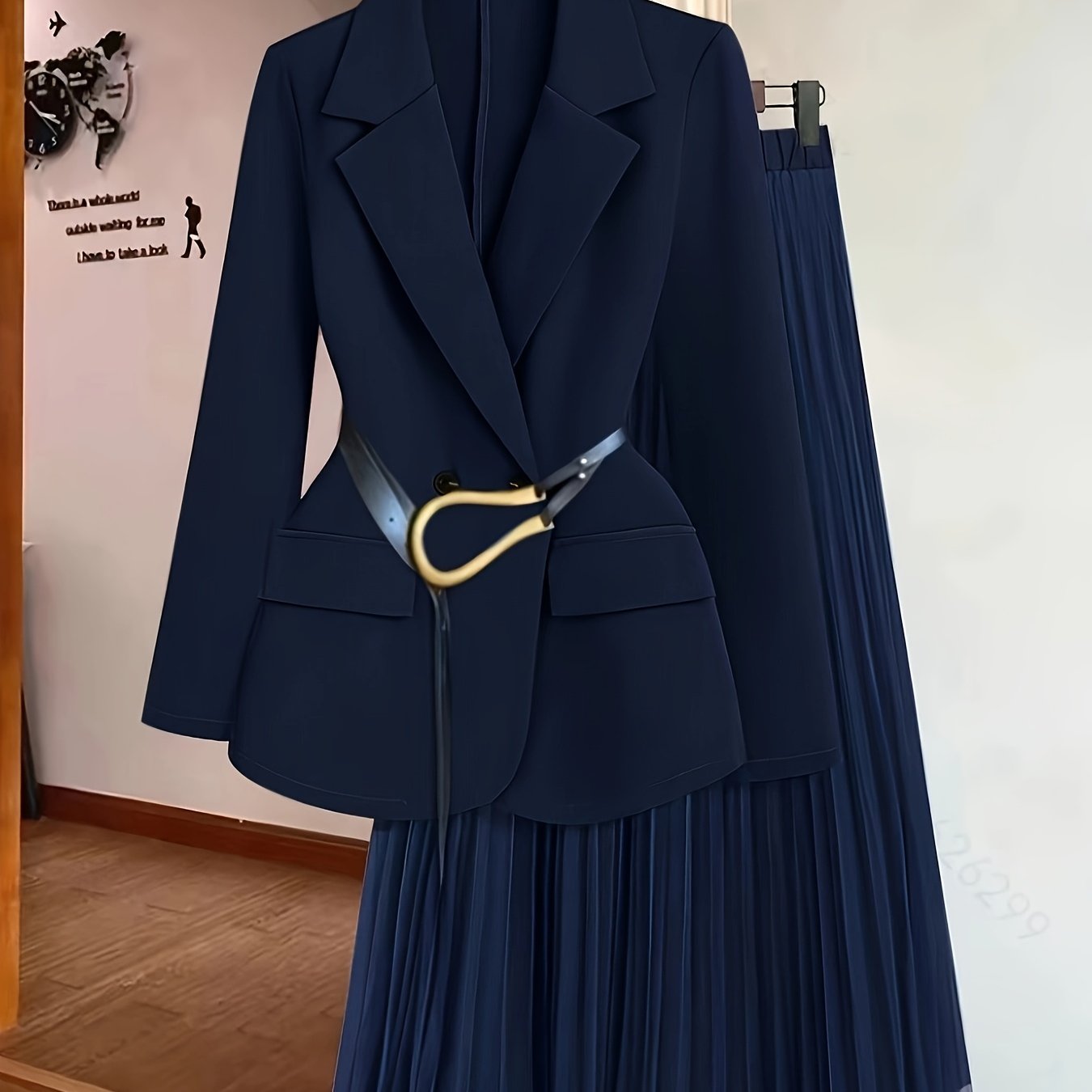 Women's Elegant Solid Color Double-Breasted Suit Jacket with Mesh Pleated Skirt Set, Spring/Summer Belt Not Included
