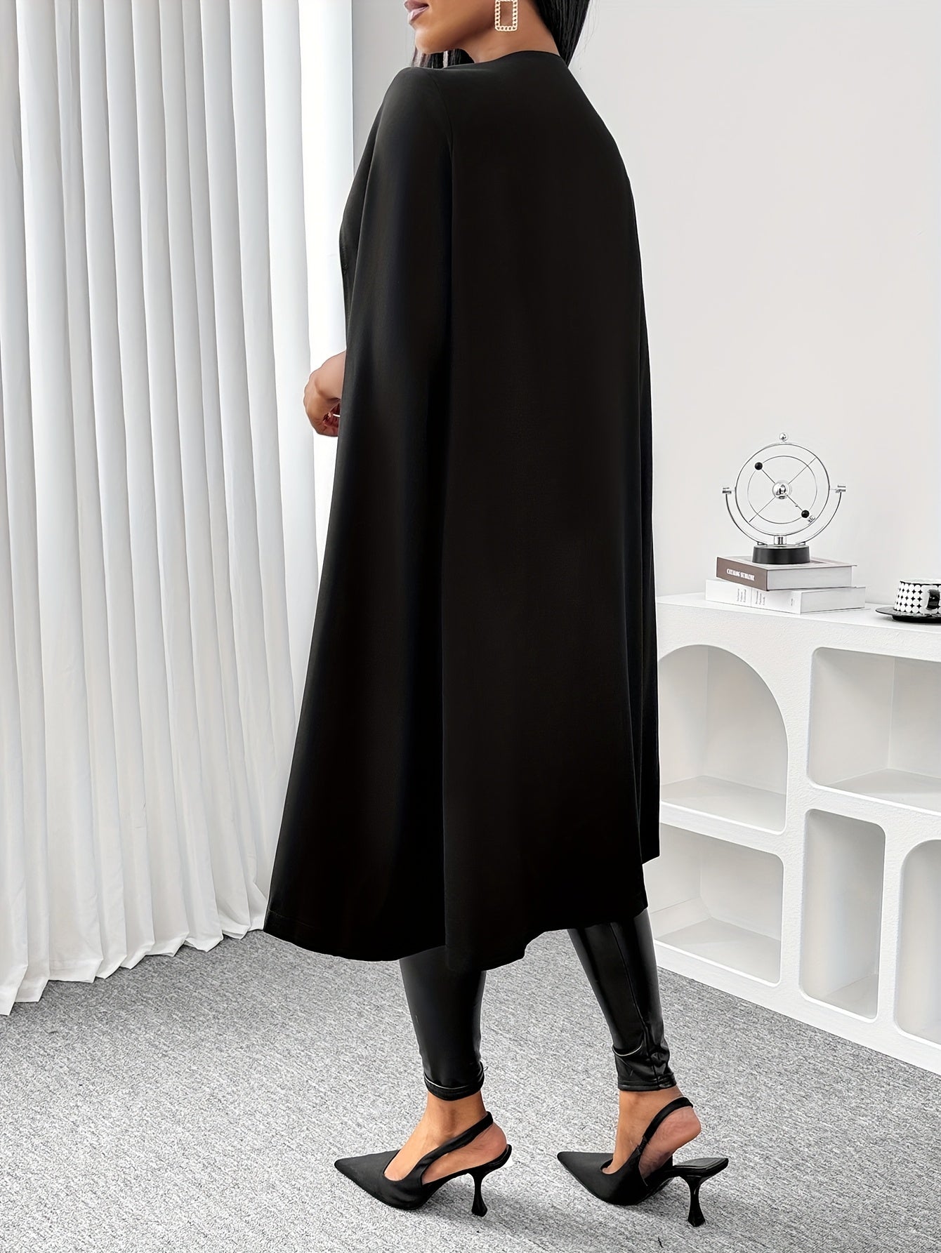 Elegant Long Cape Sleeve Blazer for Women - Polyester Blend (95% Polyester, 5% Elastane) - Solid Color Midi-Length Blazer with Open Front and Split Detail - Versatile Unlined Outerwear for All Seasons