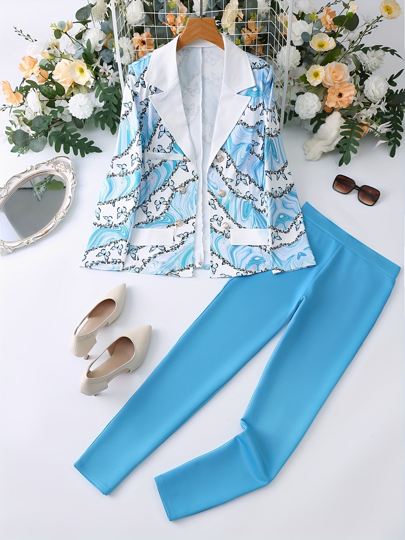 Elegant Two-piece Set, Butterfly Print Long Sleeve Lapel Neck Double-breasted Blazer & Solid Skinny Pants Outfits, Women's Clothing
