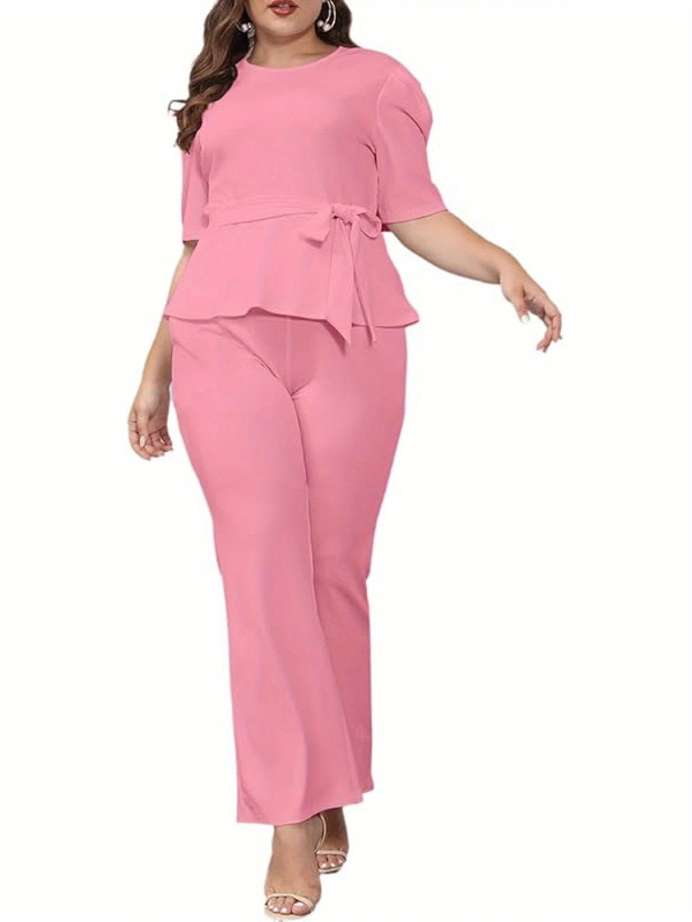 Plus Size 2pcs Outfits for Women Blazer Top Long Sleeve Long Pants Sets Formal Evening Ruffles Slim Fit Blazer Top And Long Pants Set Casual Elegant Business Suit with Belt