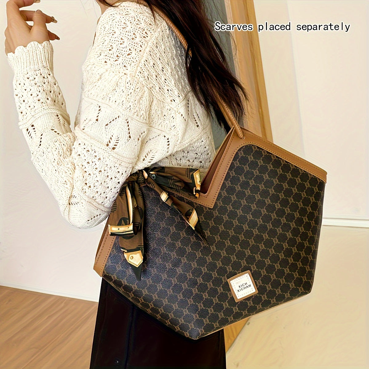LABOONOO Women'S Extra Large Tote Bag - Stylish Shoulder Handbag with Ribbon Bow, Black & Brown Pattern, Zipper Closure, Perfect for Everyday Use, Ladies Handbags
