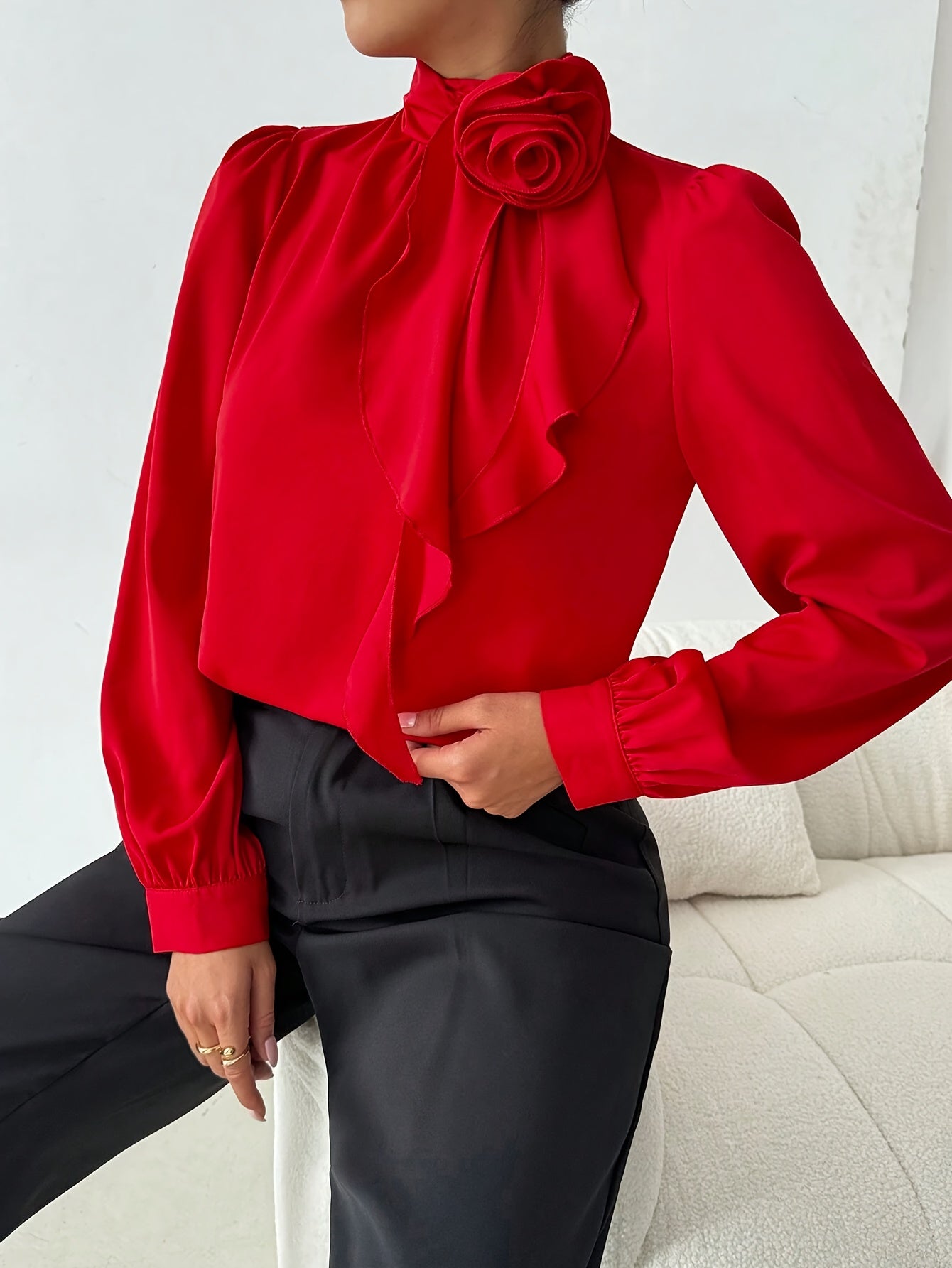 Floral Decor Mock Neck Blouse, Elegant Long Sleeve Blouse for Spring & Fall, Women's Clothing, Plus Size Blouses